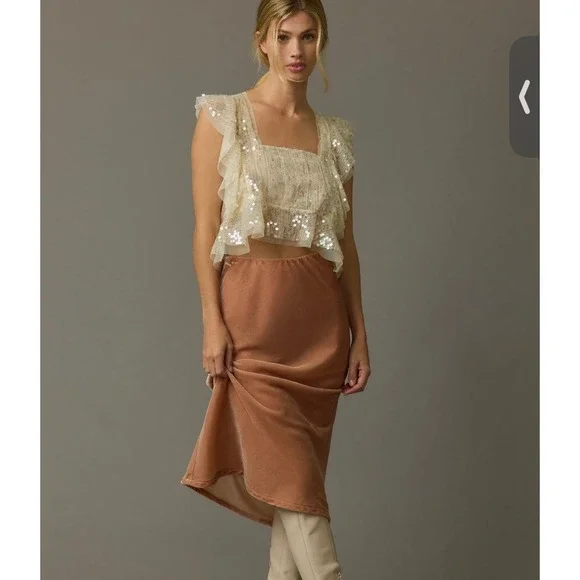 ANTHROPOLOGIE Sequin Ruffled Tank Size M Buttery Cream Party Blouse MSRP $98 - Picture 2 of 10